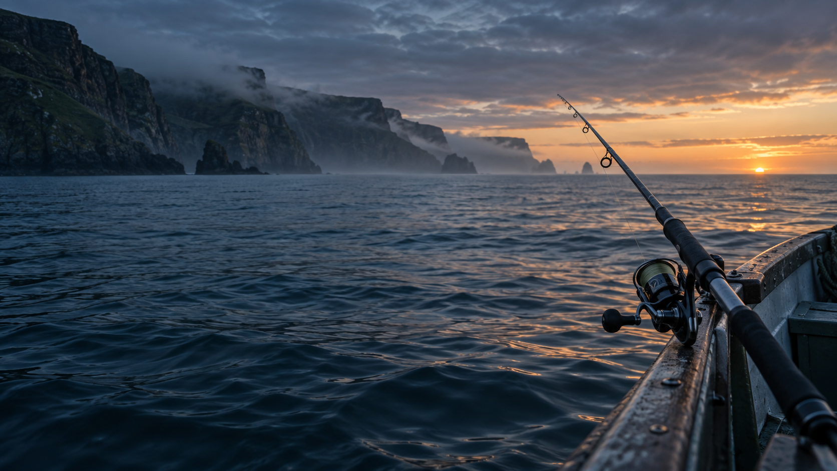 Fishing rod on a boat at dawn beside a rugged coastline